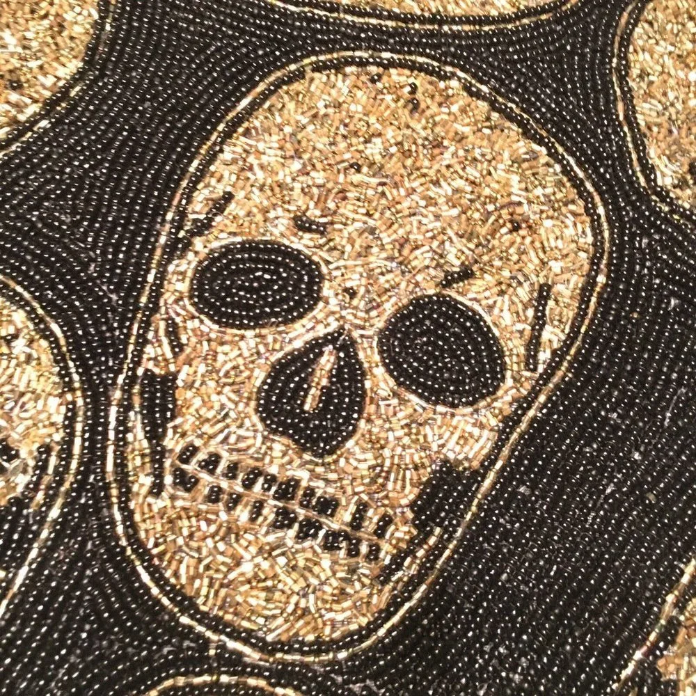 Nicole Miller Halloween Beaded Gold Skull Table Runner Centerpiece Designer